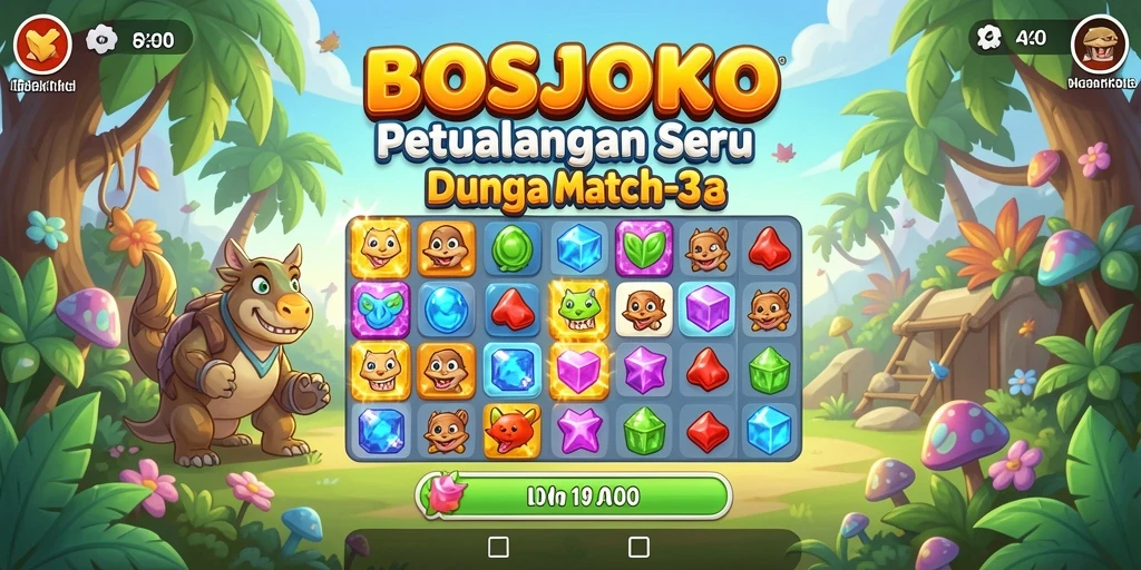 Tampilan gameplay menarik dari BOSJOKO dengan berbagai permata berwarna.