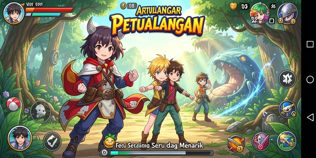 Tangkapan layar gameplay F08 menunjukkan pertarungan seru dan karakter anime yang menawan.