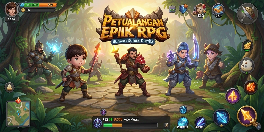 Screenshot utama F32 menunjukkan aksi pertarungan yang mendebarkan di dunia RPG.