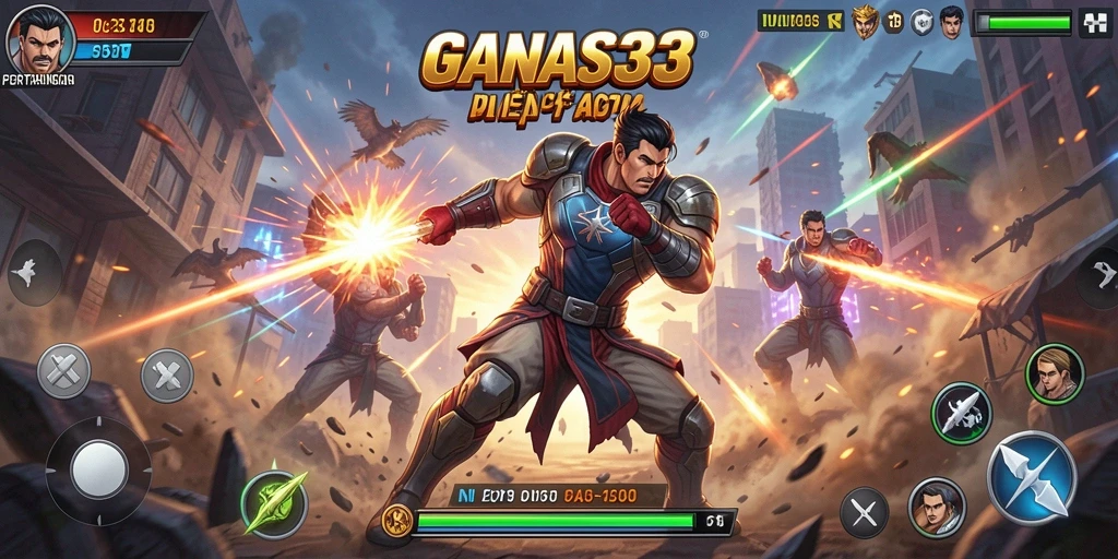 Screen utama GANAS33 menampilkan aksi pertarungan yang mendebarkan.