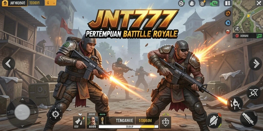Tangkapan layar utama JNT777 menunjukkan pertempuran epik dalam game Battle Royale.