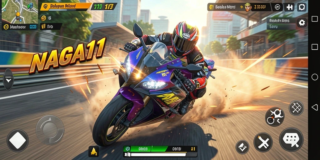 Screenshot utama NAGA11 menampilkan aksi balapan motor yang mendebarkan.