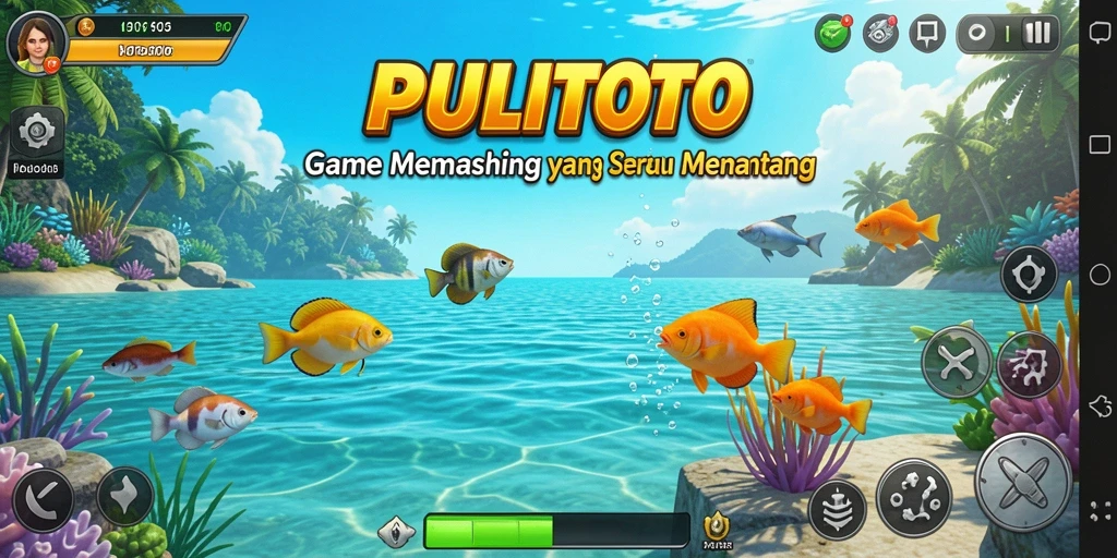 Screenshot PULITOTO menampilkan pemain yang sedang memancing ikan besar di danau.