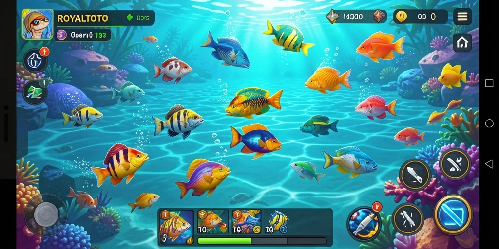 Tampilan screenshot utama ROYALTOTO menampilkan aksi menembak ikan yang mendebarkan.