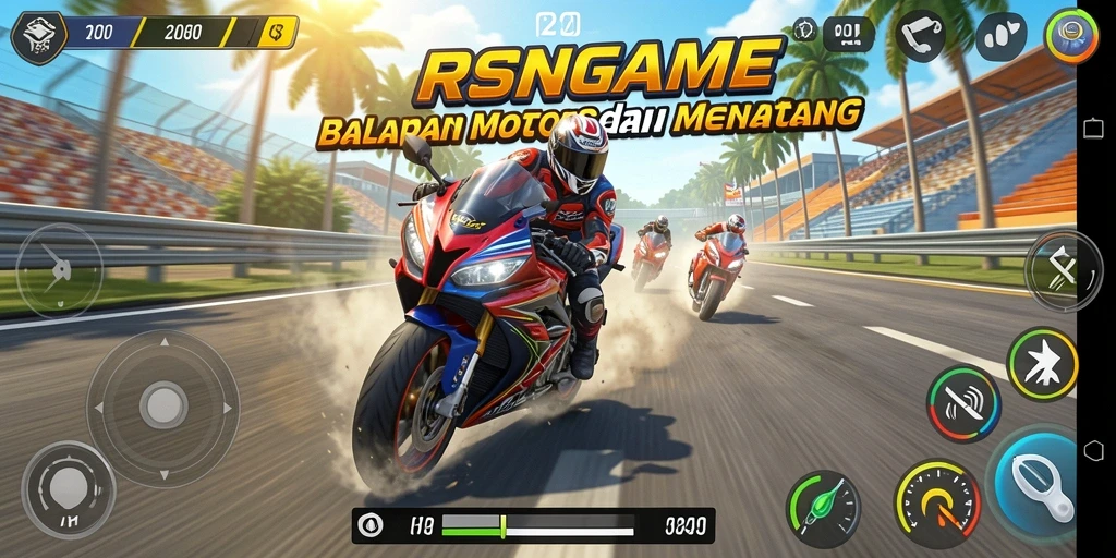 Screenshot RSNGAME menampilkan aksi balapan motor yang mendebarkan.