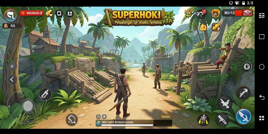 Screenshot gameplay SUPERHOKI yang menampilkan petualangan di dunia terbuka.