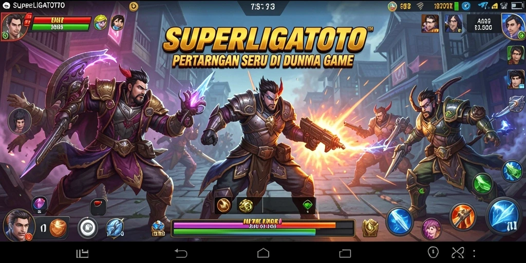 Screenshot SUPERLIGATOTO menampilkan pertarungan yang dinamis dan karakter berwarna-warni.